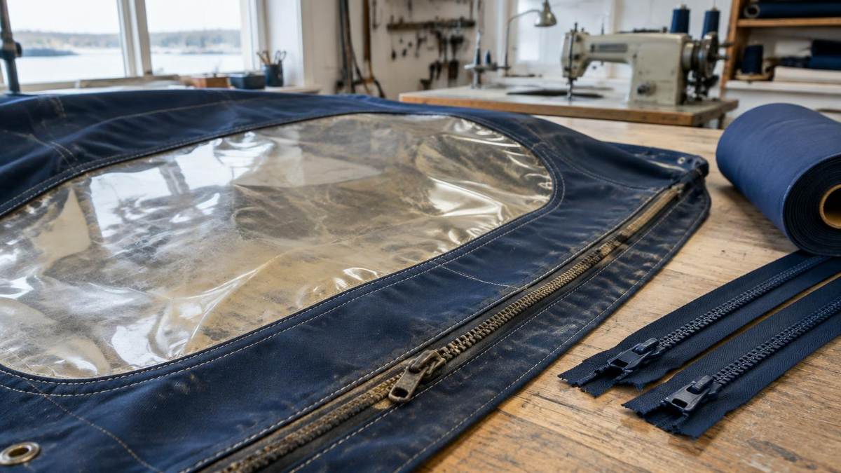 Gammel kalesje med gulnet vindu og slitt glidelås på arbeidsbenken i verkstedet