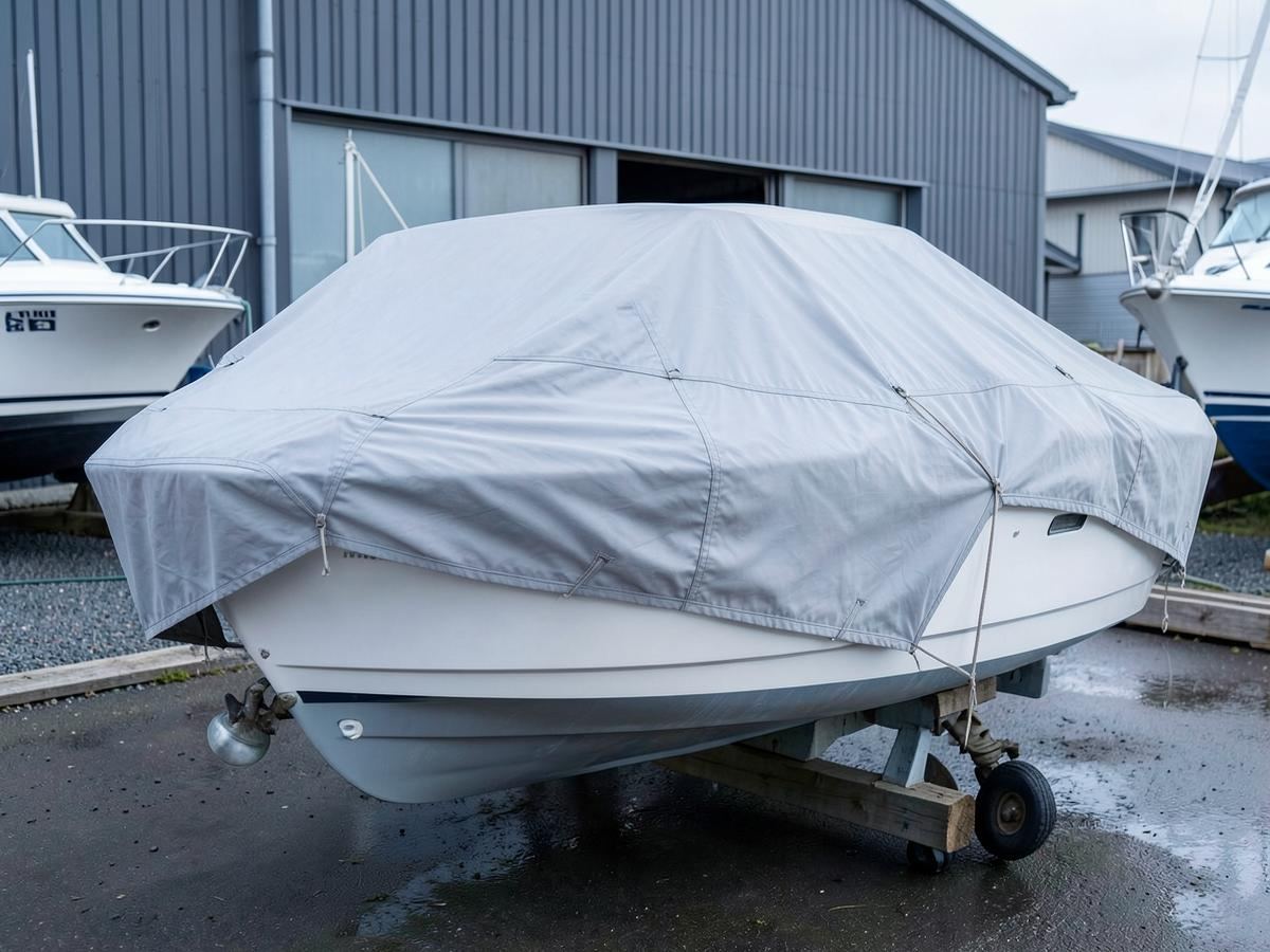 Motorbåt på land med lys vinterpresenning