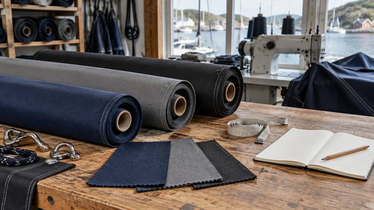 Arbeidsbenk med kalesjestoff i flere farger, målebånd og notatblokk i kalesjeverkstedet