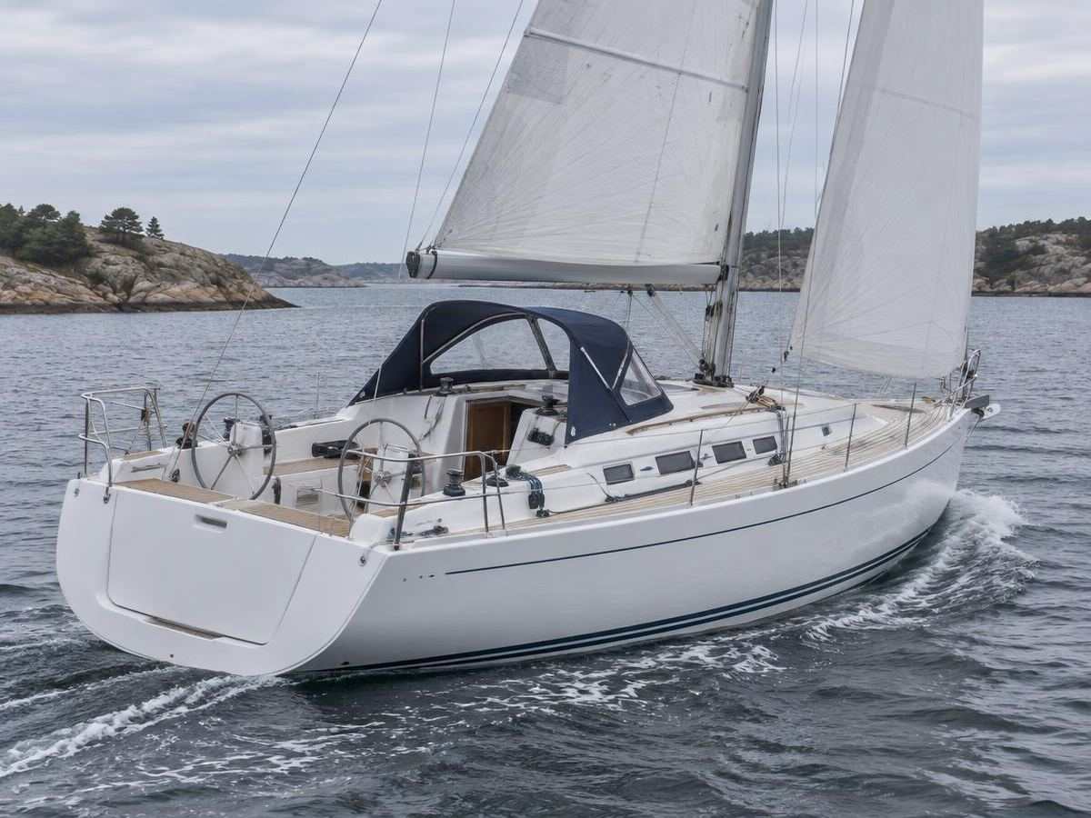 Seilbåt under seil med skreddersydd marineblå sprayhood over nedgangen