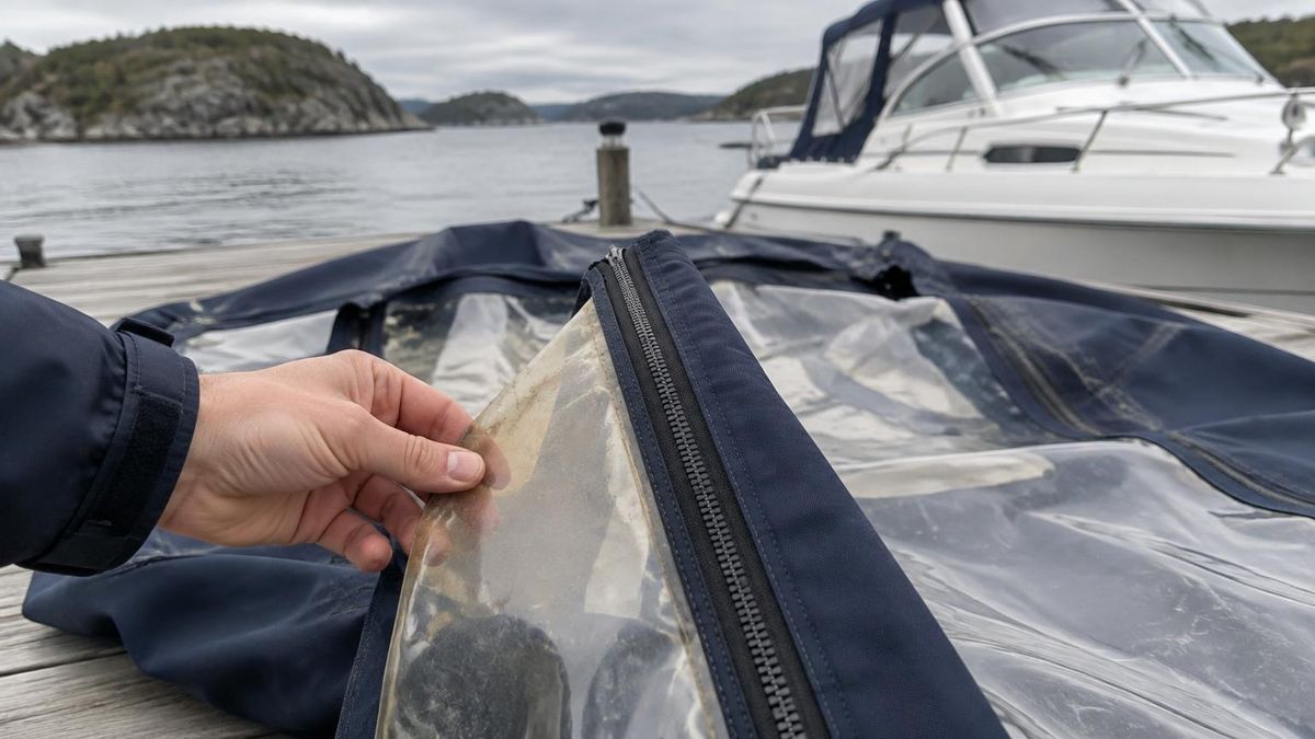 Brukt kalesje brettet ut på brygga mens vindu og glidelås sjekkes