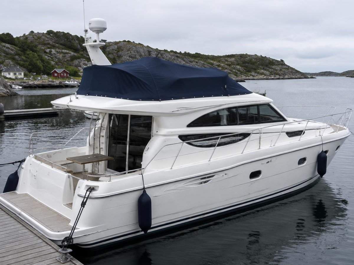 Motorbåt med skreddersydd marineblått flybridgetrekk over styreplassen på flybridgen