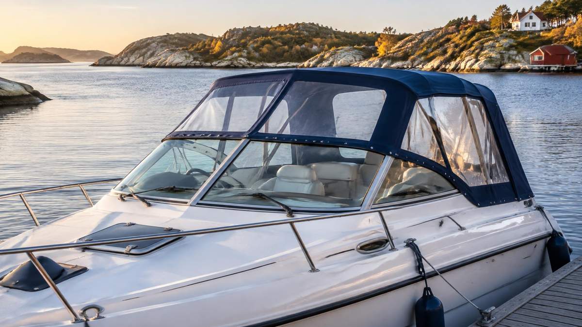 Godt vedlikeholdt marineblå kalesje med klare vinduer på motorbåt ved brygge i høstlys